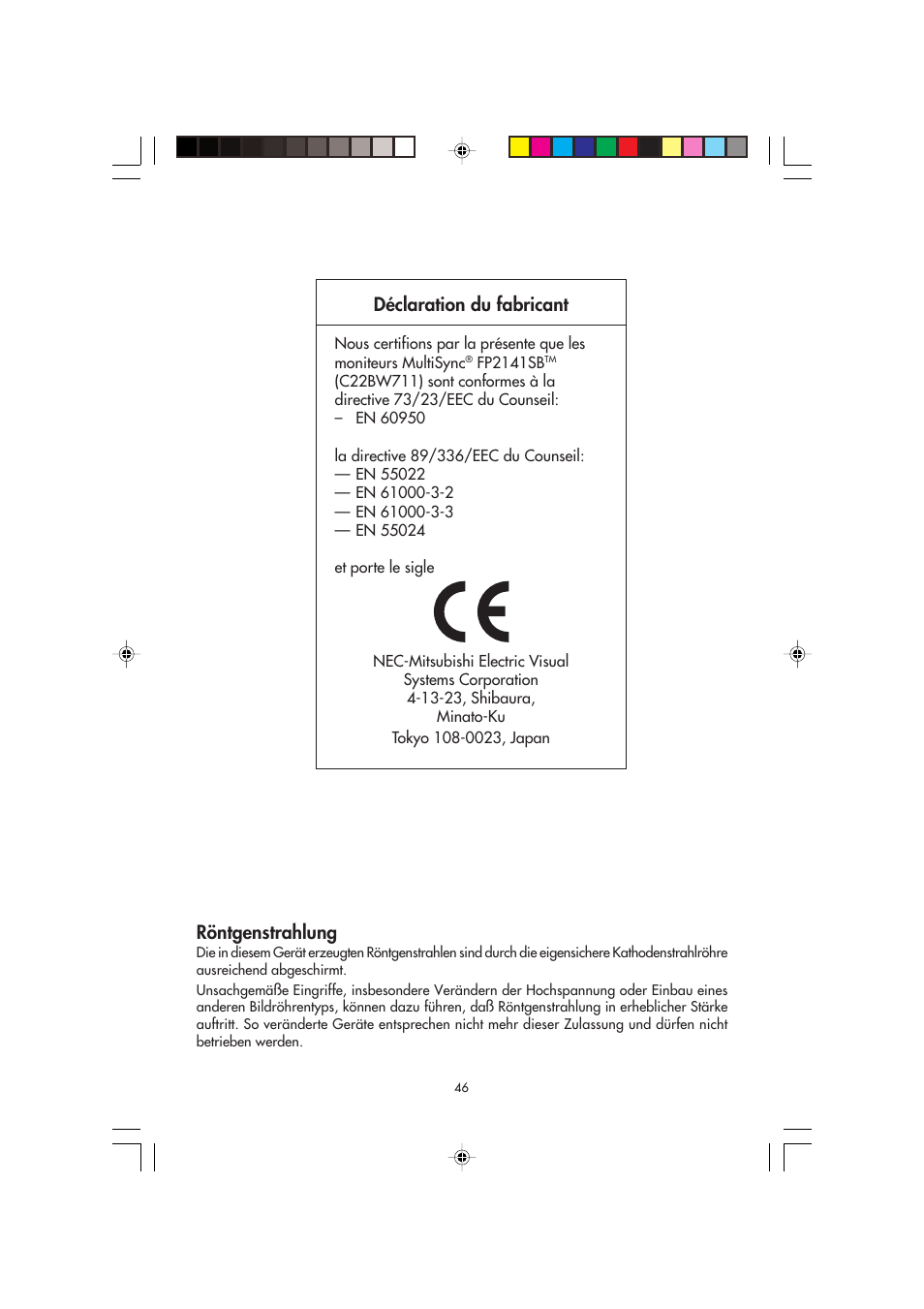 Röntgenstrahlung, Déclaration du fabricant | NEC FP2141SB User Manual | Page 48 / 76