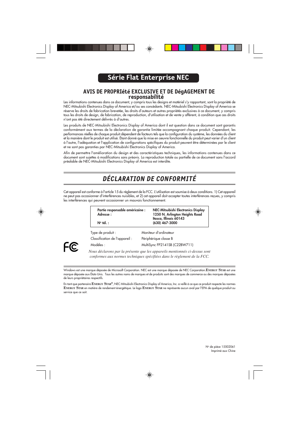 Déclaration de conformité, Série flat enterprise nec | NEC FP2141SB User Manual | Page 49 / 76