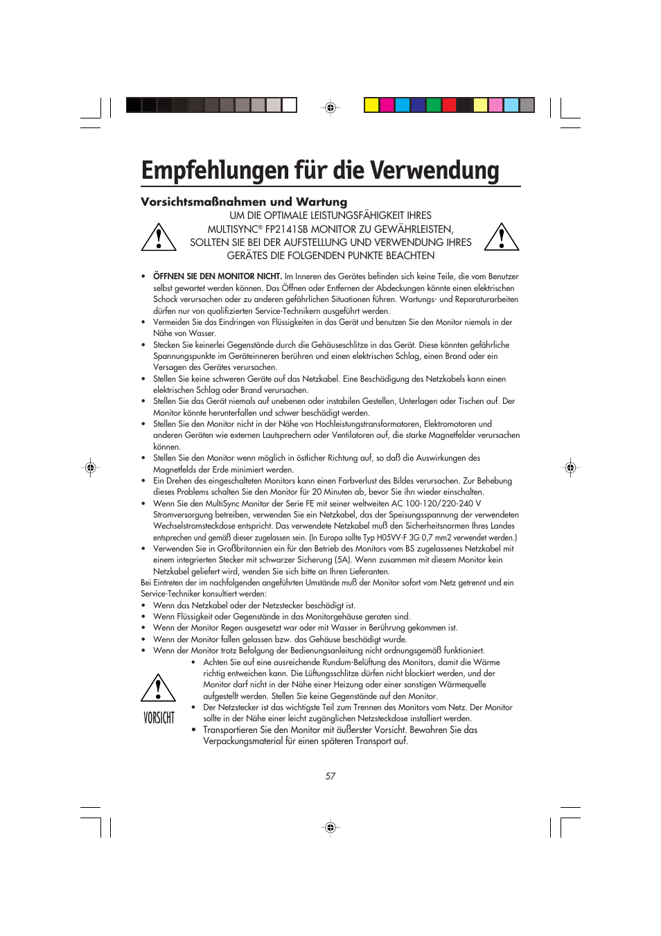 Empfehlungen für die verwendung, Vorsicht | NEC FP2141SB User Manual | Page 59 / 76