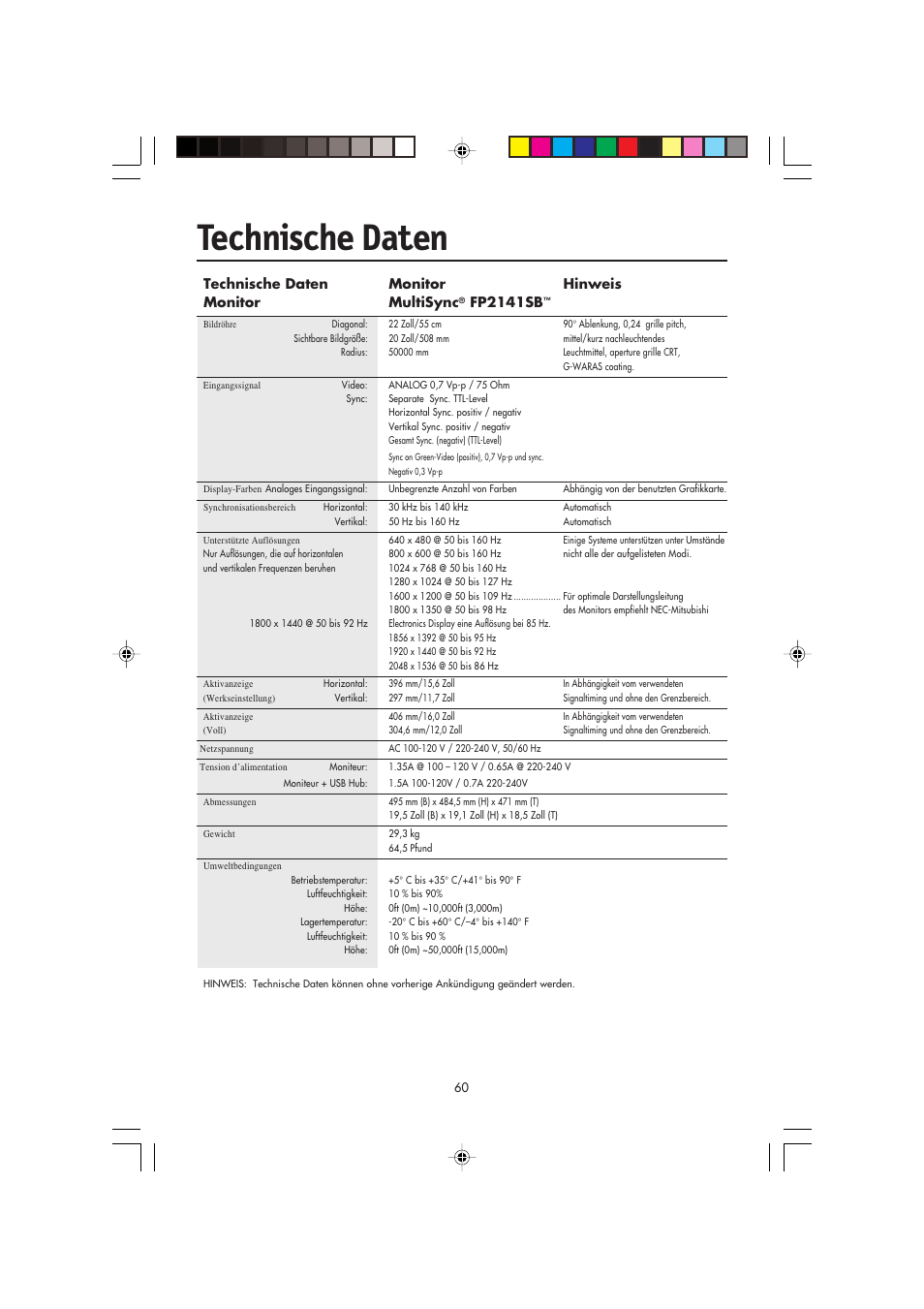 Technische daten | NEC FP2141SB User Manual | Page 62 / 76