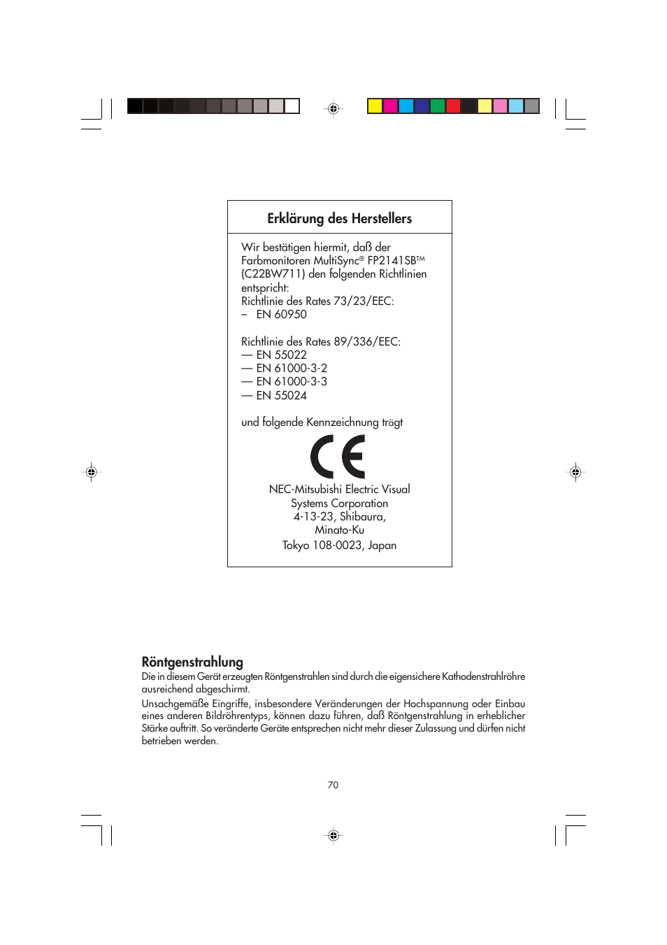 Röntgenstrahlung, Erklärung des herstellers | NEC FP2141SB User Manual | Page 72 / 76