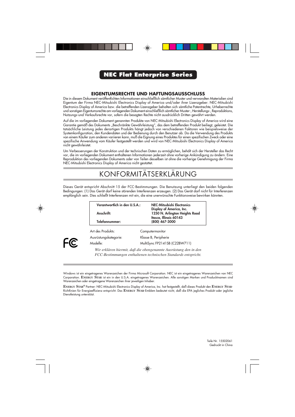 Konformitätserklärung, Nec flat enterprise series, Eigentumsrechte und haftungsausschluss | NEC FP2141SB User Manual | Page 75 / 76