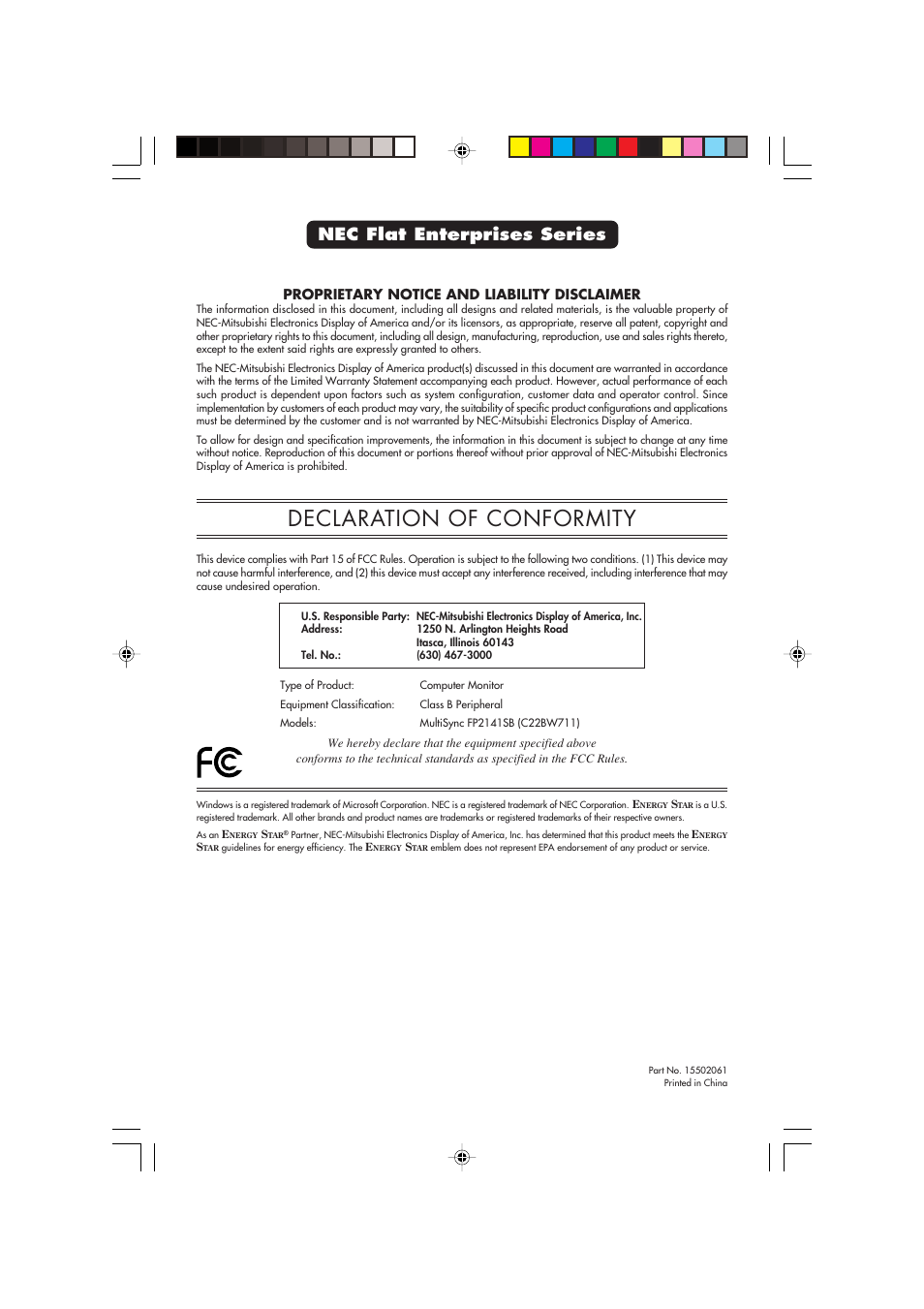 Declaration of conformity, Nec flat enterprises series, Proprietary notice and liability disclaimer | NEC FP2141SB User Manual | Page 76 / 76