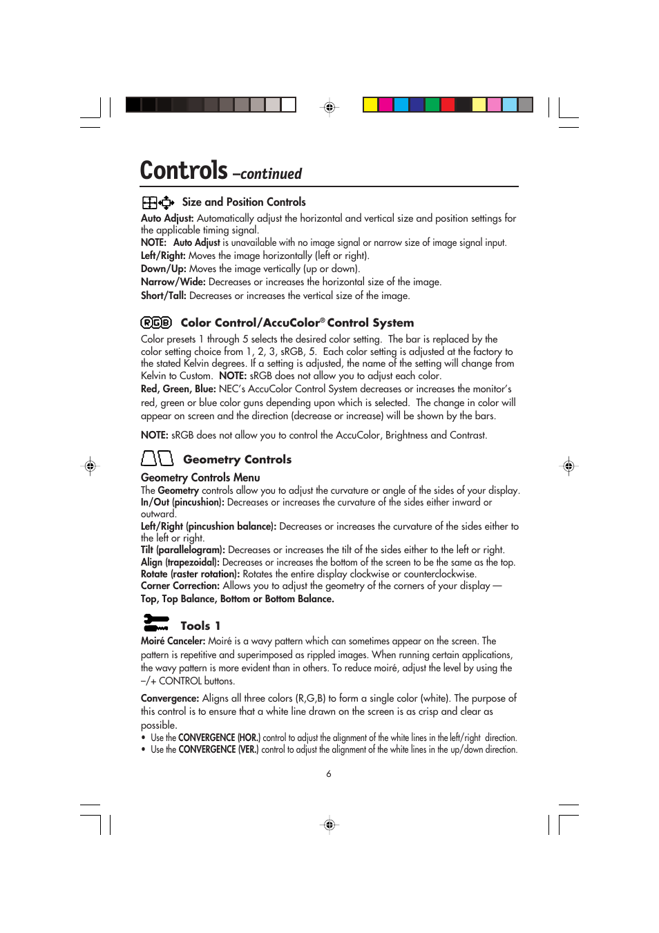 Controls, Continued | NEC FP2141SB User Manual | Page 8 / 76