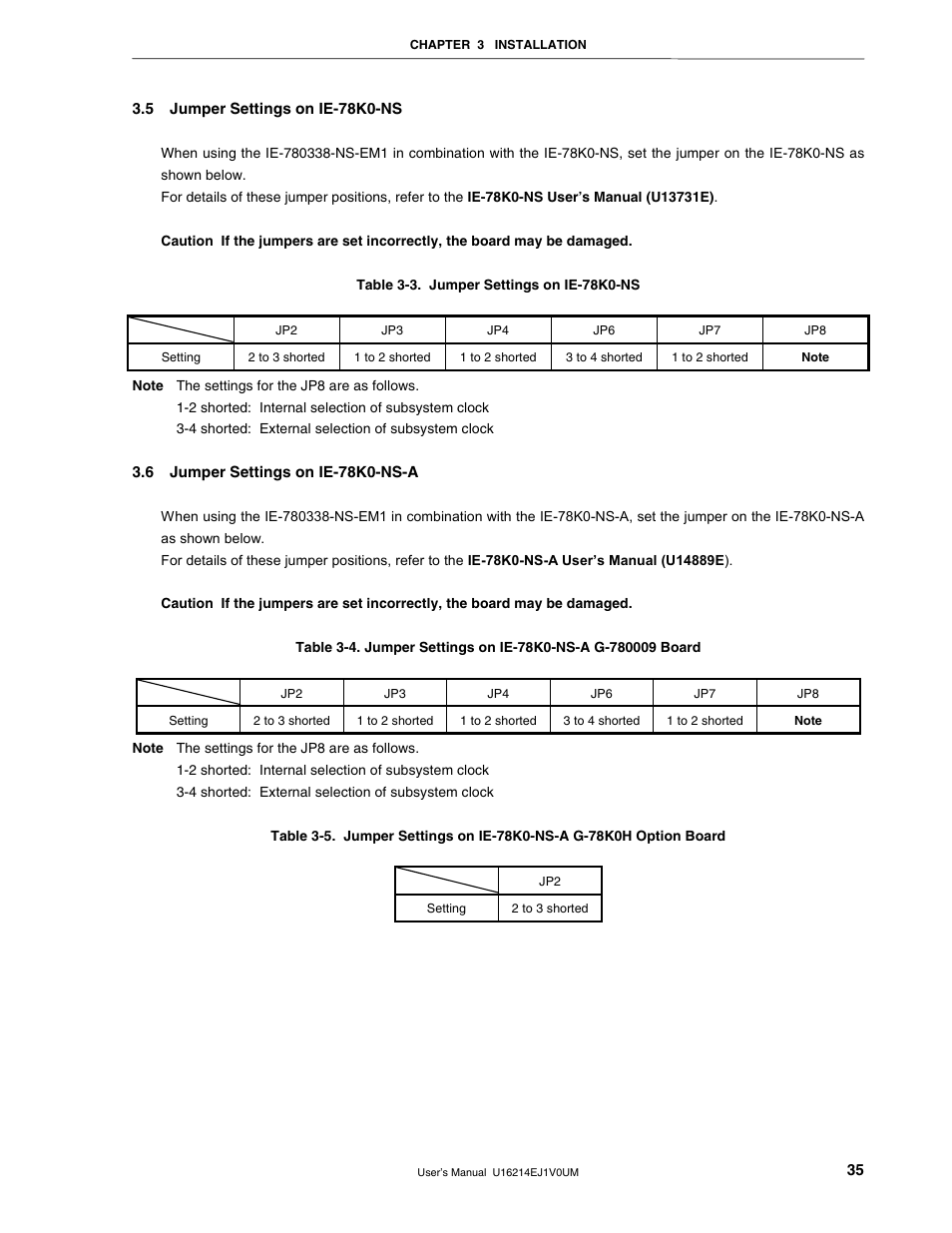 5 jumper settings on ie-78k0-ns, 6 jumper settings on ie-78k0-ns-a | NEC uPD780328 Subseries User Manual | Page 35 / 47