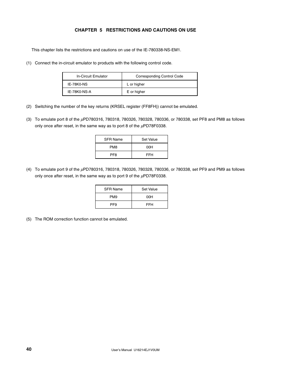Chapter 5 restrictions and cautions on use | NEC uPD780328 Subseries User Manual | Page 40 / 47