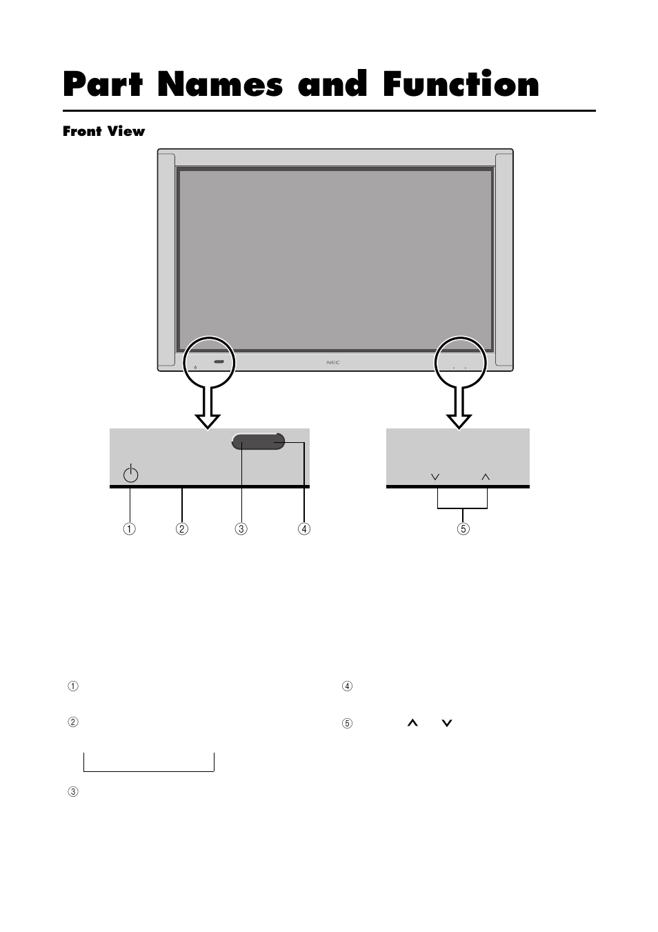 Part names and function, Front view | NEC 4205W User Manual | Page 10 / 54