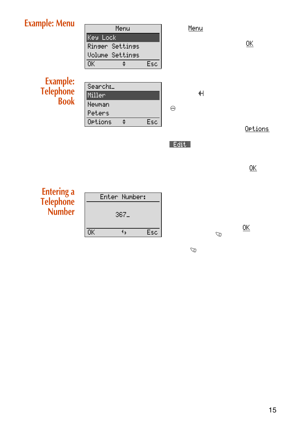Example: menu, Example: telephone book, Entering a telephone number | NEC C944 User Manual | Page 17 / 53