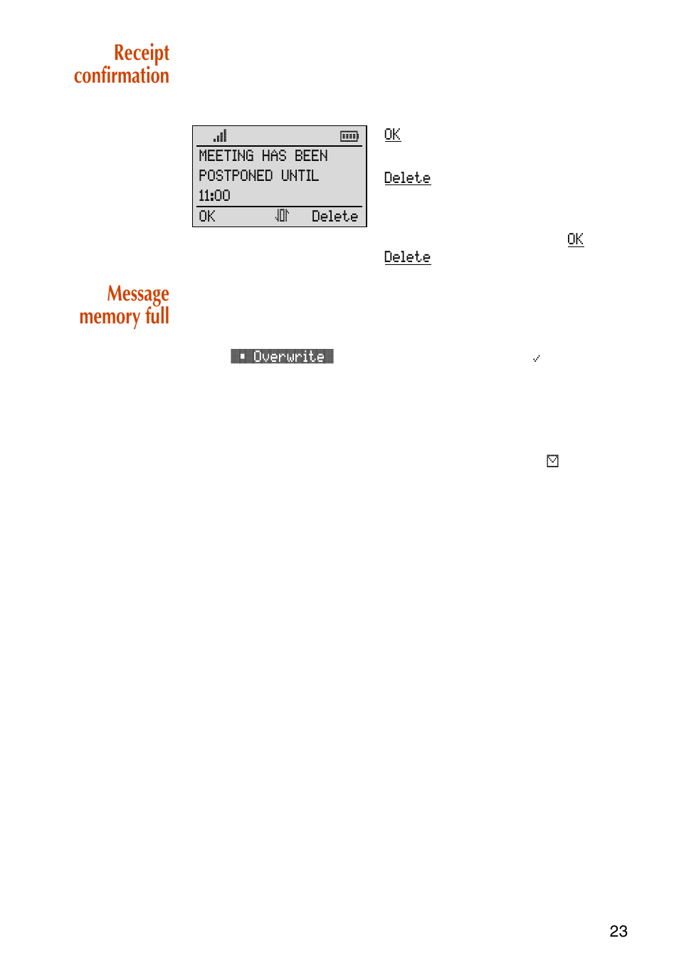 Receipt confirmation, Message memory full, Receipt confirmation message memory full | NEC C944 User Manual | Page 25 / 53