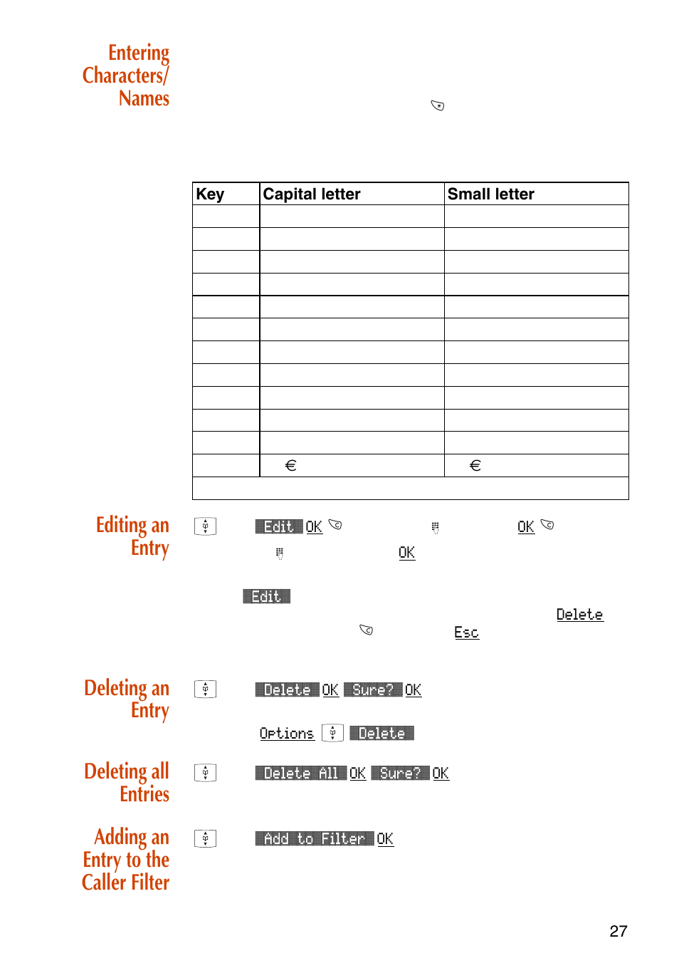 Entering characters / names, Editing an entry, Deleting an entry | Deleting all entries, Adding an entry to the caller filter, Entering characters/ names | NEC C944 User Manual | Page 29 / 53