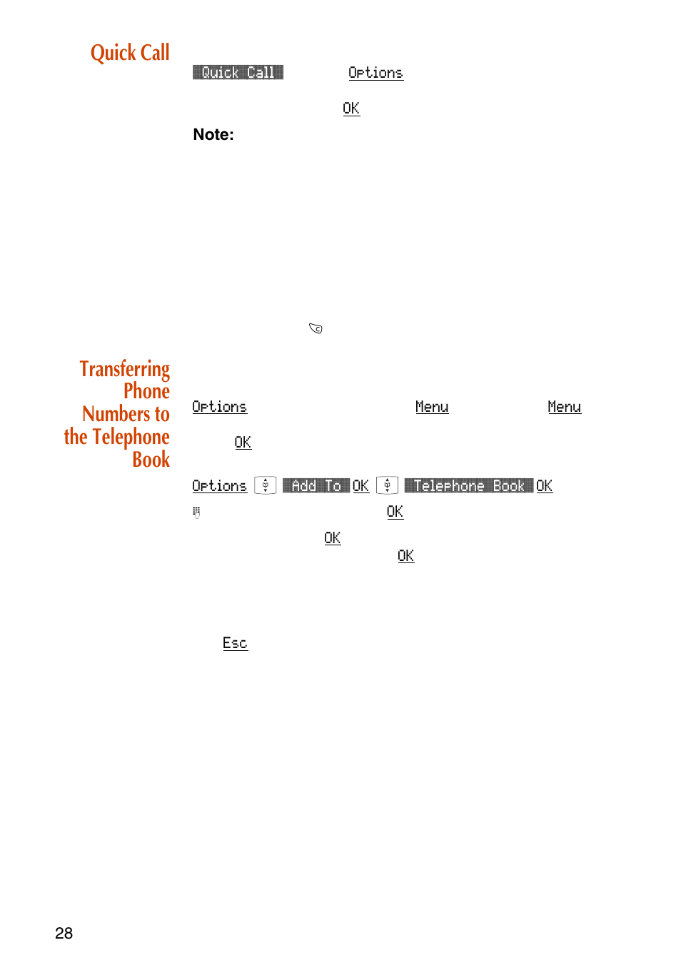 Quick call, Transferring phone numbers to the telephone book, Quick call transferring phone numbers to | The telephone book | NEC C944 User Manual | Page 30 / 53