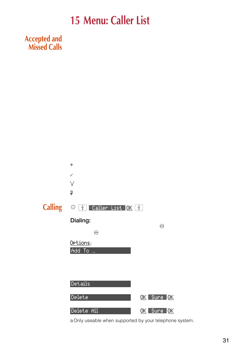 15 menu: caller list, Accepted and missed calls, Calling | Accepted and missed calls calling | NEC C944 User Manual | Page 33 / 53