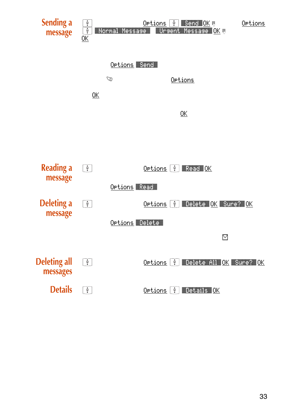 Sending a message, Reading a message, Deleting a message | Deleting all messages, Details | NEC C944 User Manual | Page 35 / 53