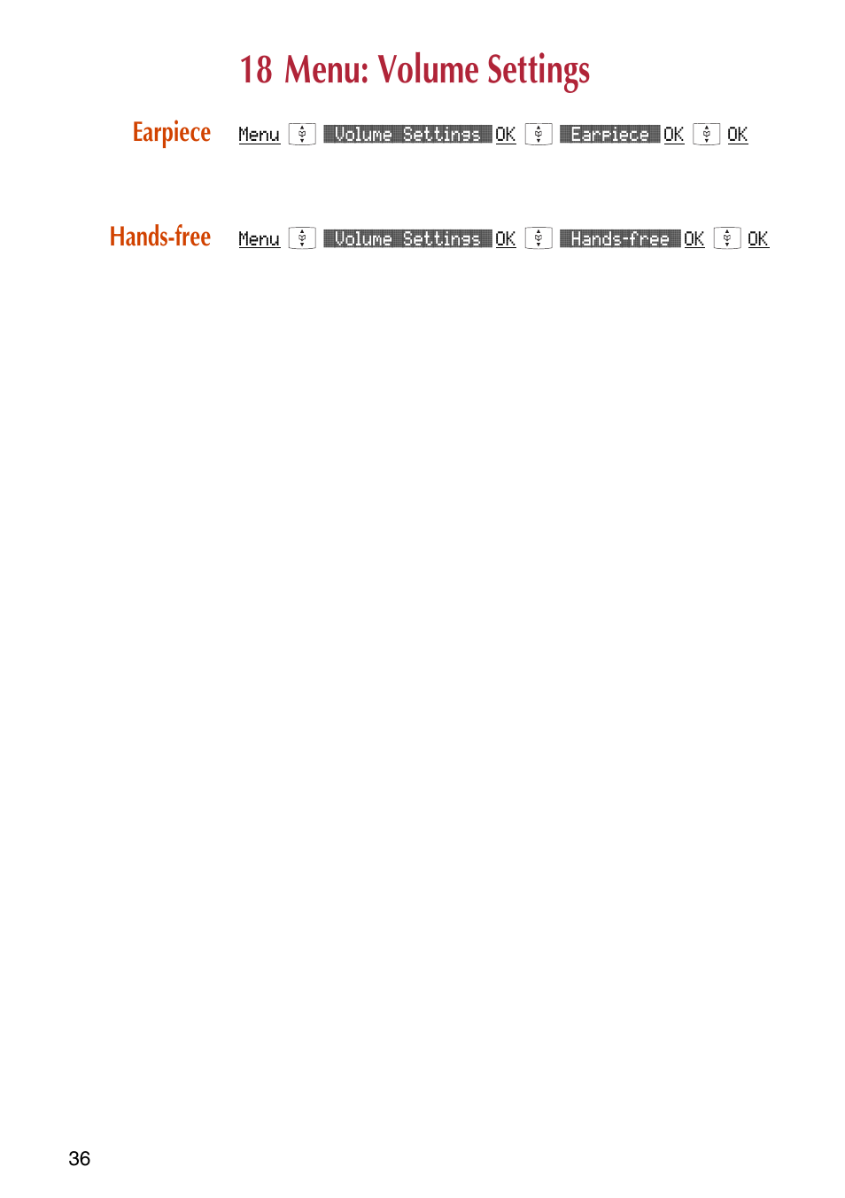 18 menu: volume settings, Earpiece, Hands-free | Earpiece hands-free | NEC C944 User Manual | Page 38 / 53