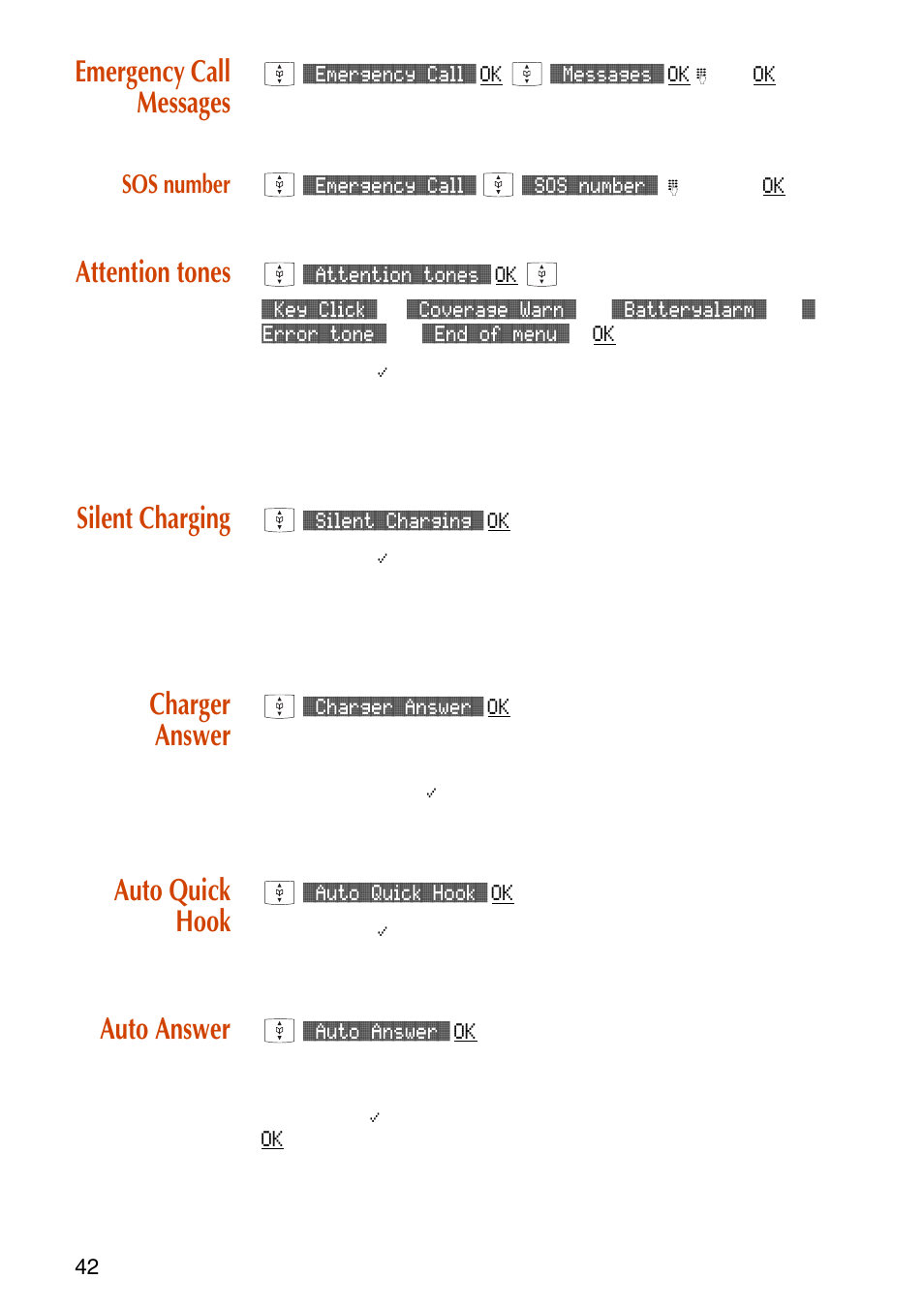 Emergency call messages, Sos number, Attention tones | Silent charging, Charger answer, Auto quick hook, Auto answer | NEC C944 User Manual | Page 44 / 53