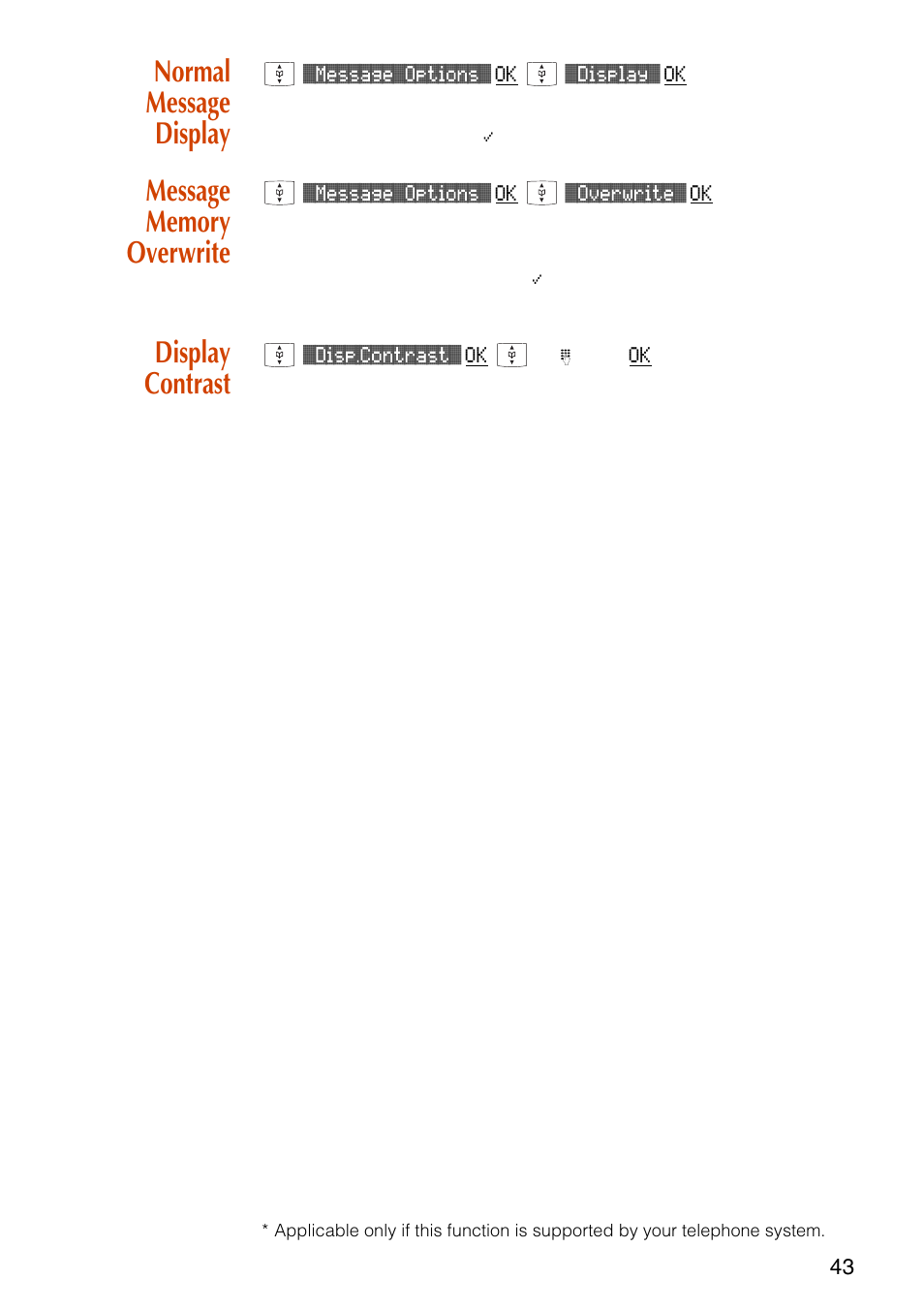 Normal message display, Message memory overwrite, Display contrast | NEC C944 User Manual | Page 45 / 53