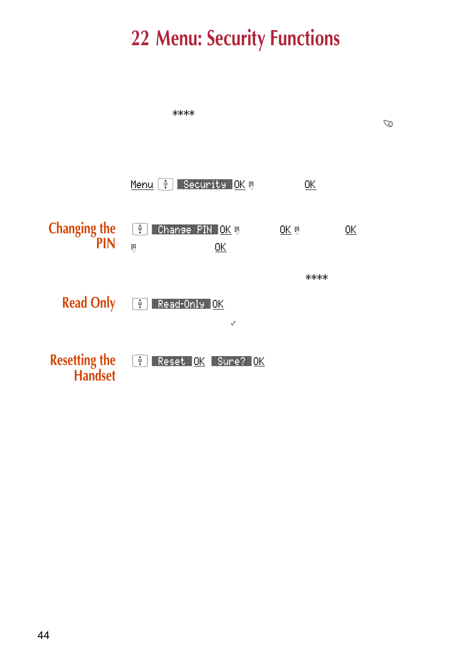 22 menu: security functions, Changing the pin, Read only | Resetting the handset, Changing the pin read only resetting the handset | NEC C944 User Manual | Page 46 / 53