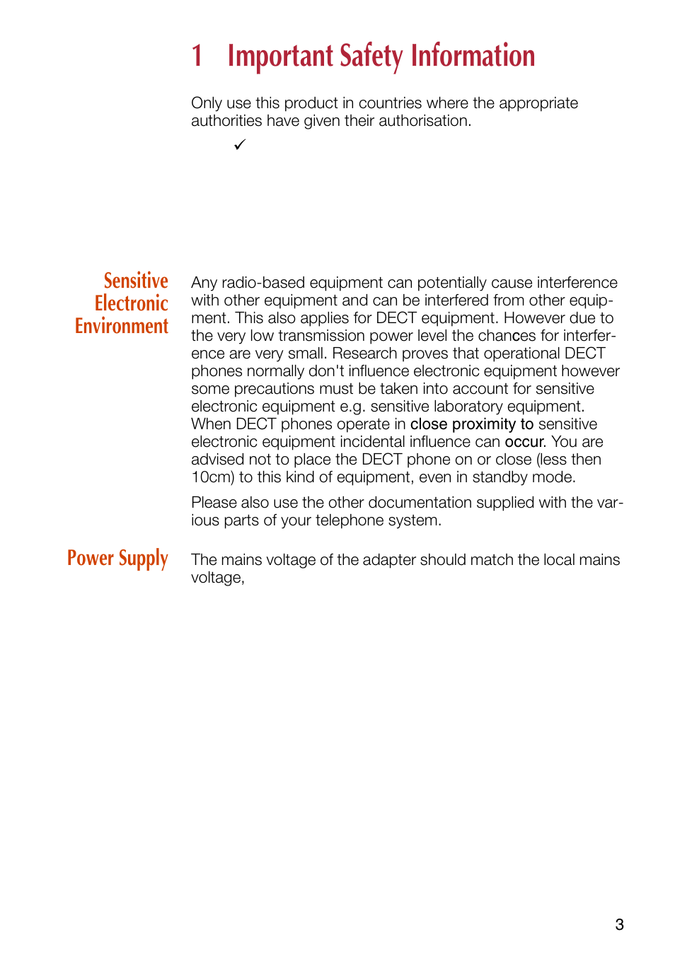 1 important safety information, Sensitive electronic environment, Power supply | Important safety information, Sensitive electronic environment power supply | NEC C944 User Manual | Page 5 / 53