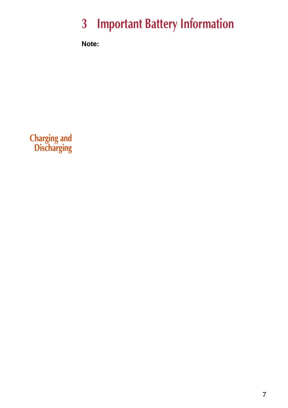 3 important battery information, Charging and discharging, Important battery information | NEC C944 User Manual | Page 9 / 53