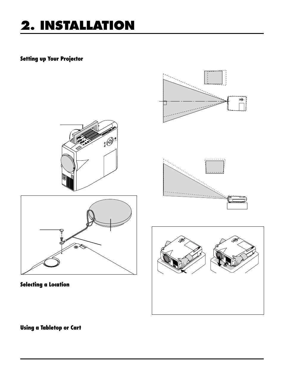 Installation, Setting up your projector, Using a tabletop or cart | Selecting a location | NEC MT1040 User Manual | Page 12 / 42