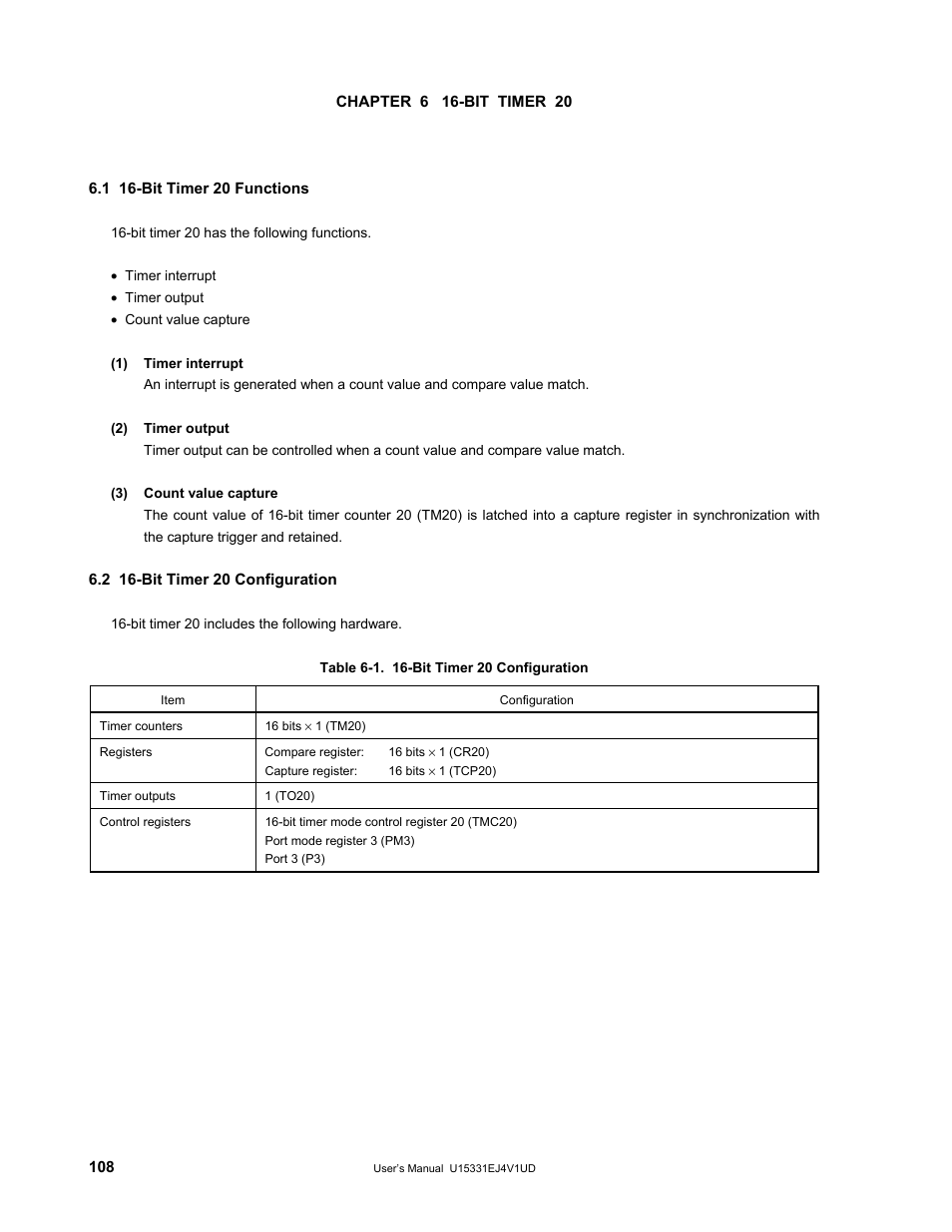 Chapter 6 16-bit timer 20, 1 16-bit timer 20 functions, 2 16-bit timer 20 configuration | NEC PD78F9488 User Manual | Page 108 / 388