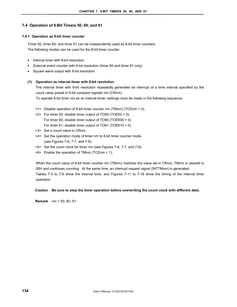 4 operation of 8-bit timers 50, 60, and 61, 1 operation as 8-bit timer counter | NEC PD78F9488 User Manual | Page 134 / 388