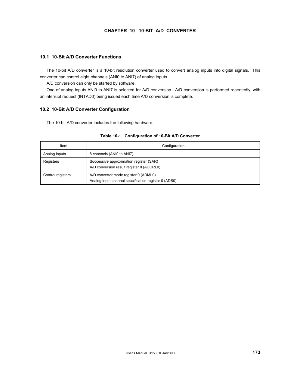 Chapter 10 10-bit a/d converter, 1 10-bit a/d converter functions, 2 10-bit a/d converter configuration | NEC PD78F9488 User Manual | Page 173 / 388