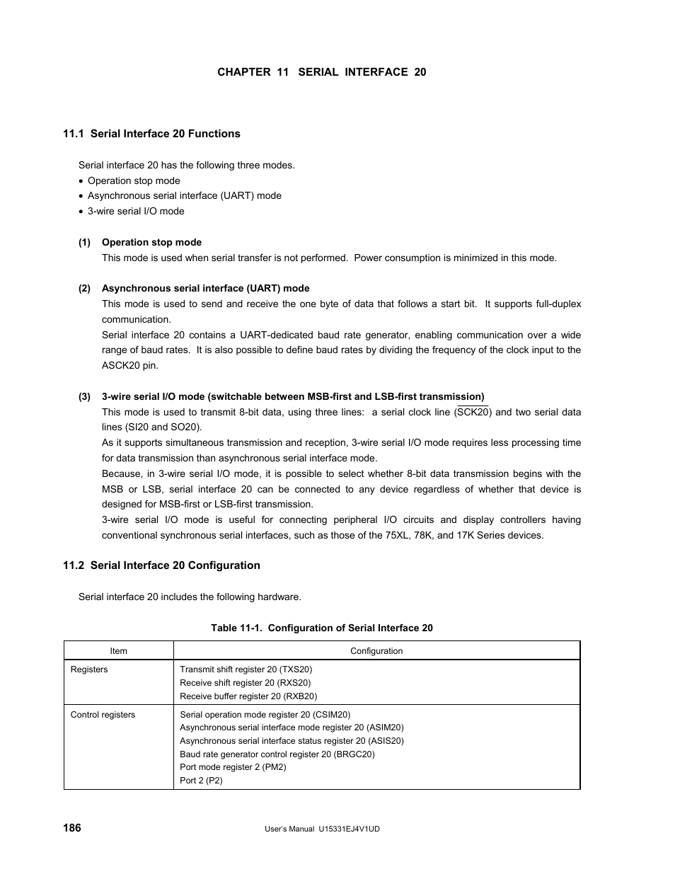 Chapter 11 serial interface 20, 1 serial interface 20 functions, 2 serial interface 20 configuration | NEC PD78F9488 User Manual | Page 186 / 388