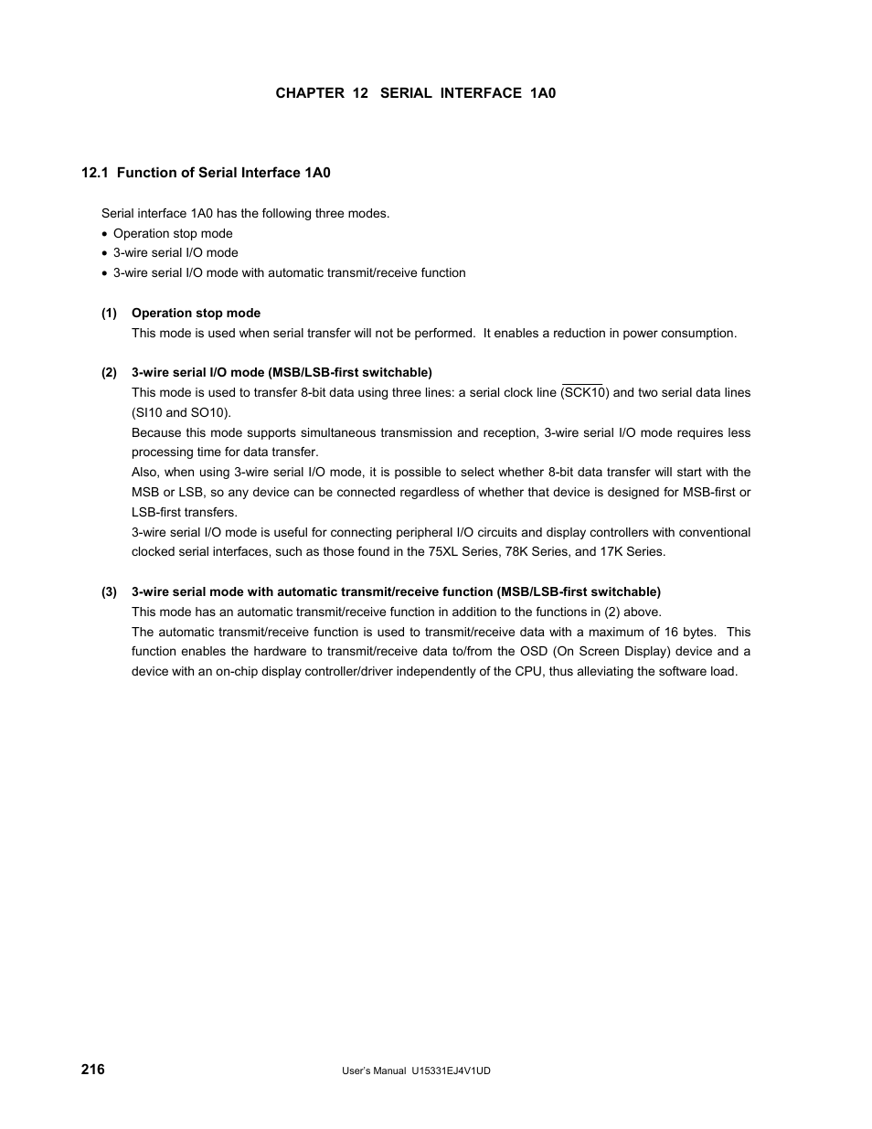 Chapter 12 serial interface 1a0, 1 function of serial interface 1a0 | NEC PD78F9488 User Manual | Page 216 / 388