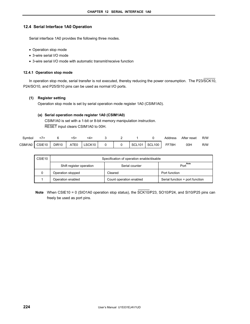 4 serial interface 1a0 operation, 1 operation stop mode | NEC PD78F9488 User Manual | Page 224 / 388