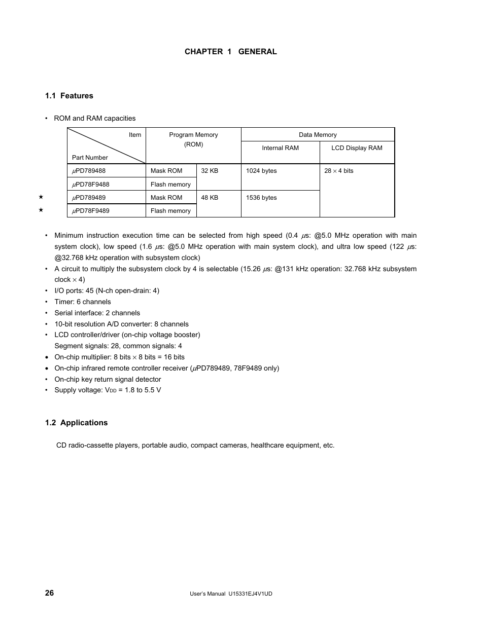 Chapter 1 general, 1 features, 2 applications | NEC PD78F9488 User Manual | Page 26 / 388