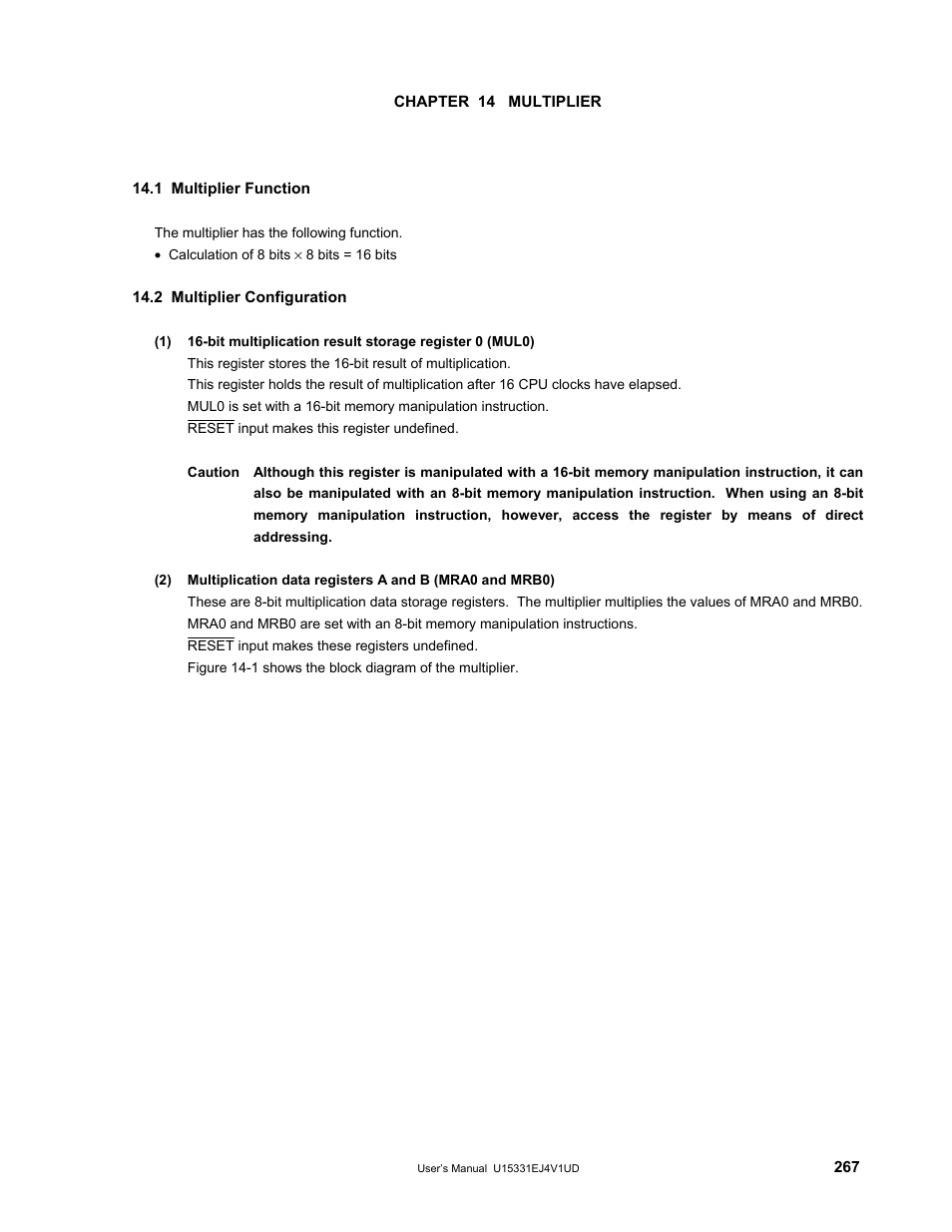 Chapter 14 multiplier, 1 multiplier function, 2 multiplier configuration | NEC PD78F9488 User Manual | Page 267 / 388