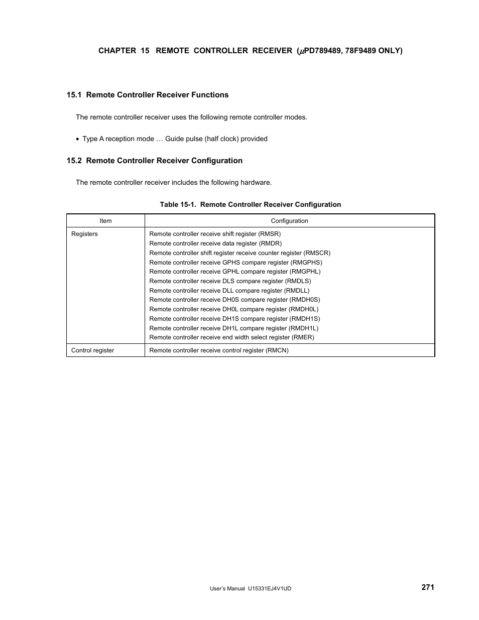 1 remote controller receiver functions, 2 remote controller receiver configuration | NEC PD78F9488 User Manual | Page 271 / 388