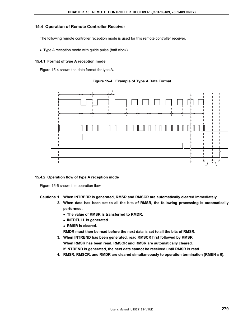 4 operation of remote controller receiver, 1 format of type a reception mode, 2 operation flow of type a reception mode | NEC PD78F9488 User Manual | Page 279 / 388