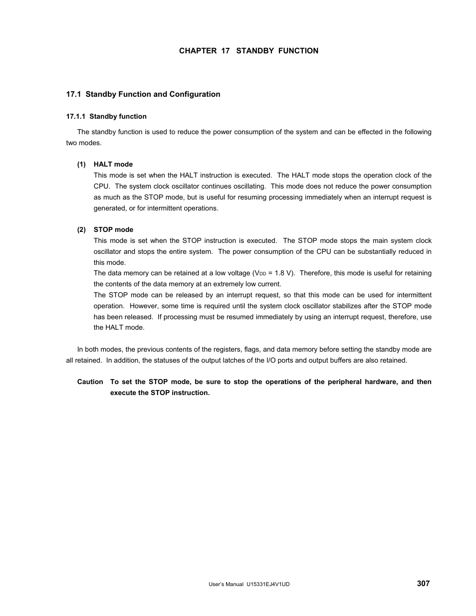 Chapter 17 standby function, 1 standby function and configuration, 1 standby function | NEC PD78F9488 User Manual | Page 307 / 388