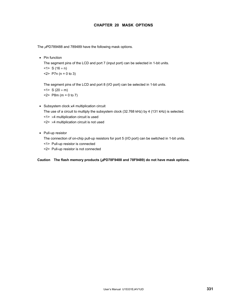 Chapter 20 mask options | NEC PD78F9488 User Manual | Page 331 / 388