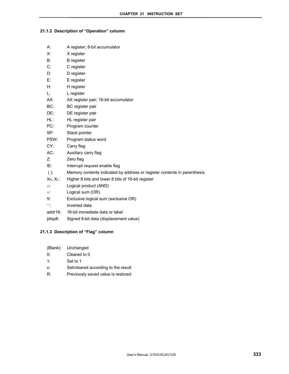 2 description of “operation” column, 3 description of “flag” column | NEC PD78F9488 User Manual | Page 333 / 388