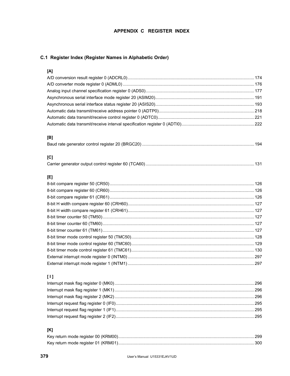 Appendix c register index | NEC PD78F9488 User Manual | Page 379 / 388