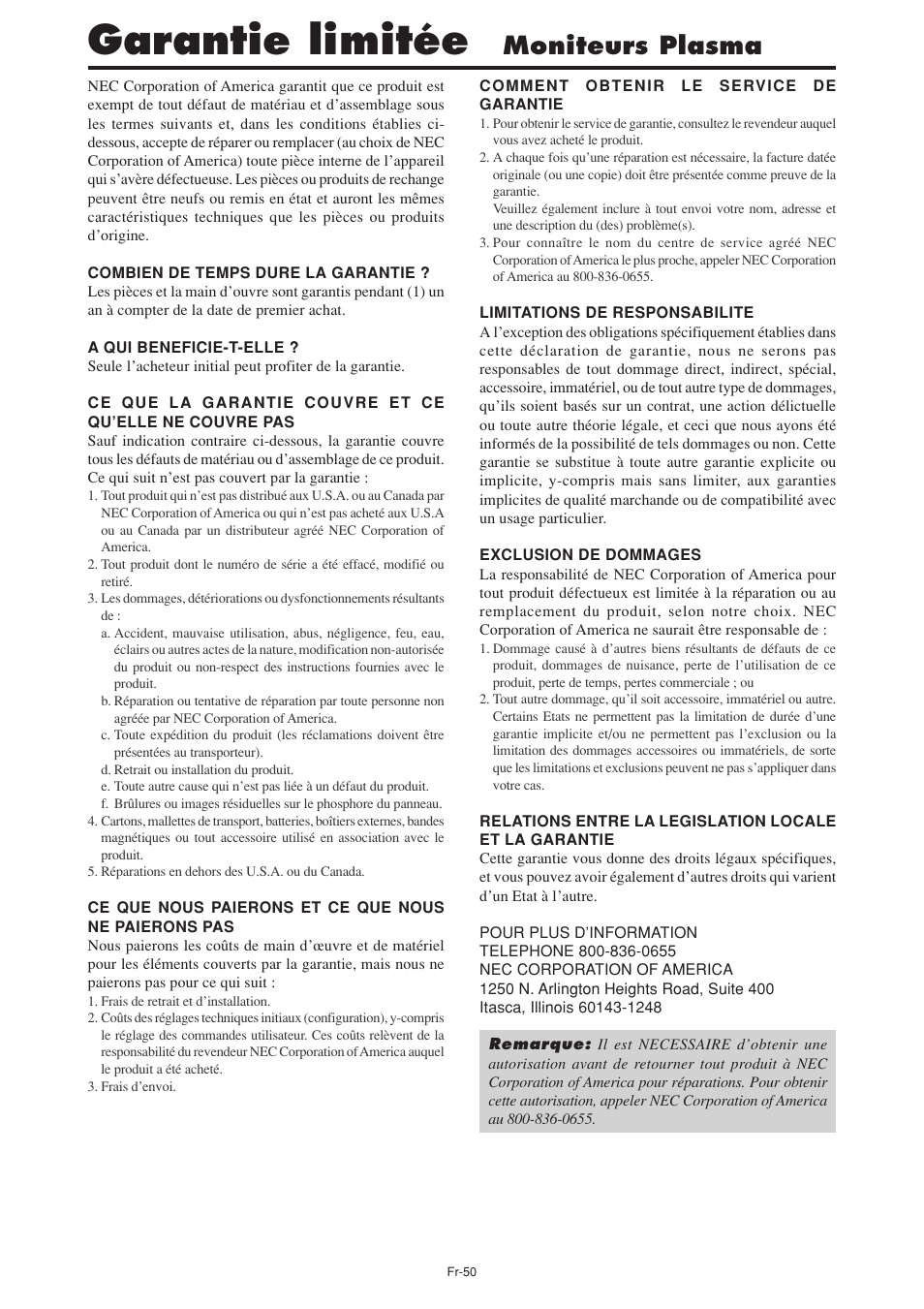 Garantie limitée, Moniteurs plasma | NEC PX-60XM5A User Manual | Page 100 / 203