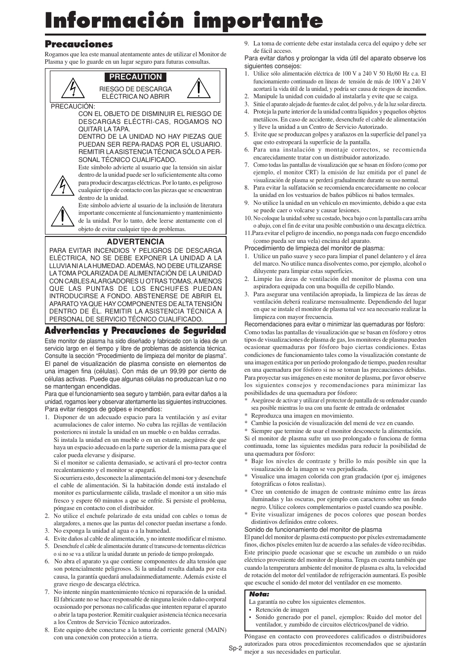 Información importante, Precauciones, Advertencias y precauciones de seguridad | NEC PX-60XM5A User Manual | Page 102 / 203