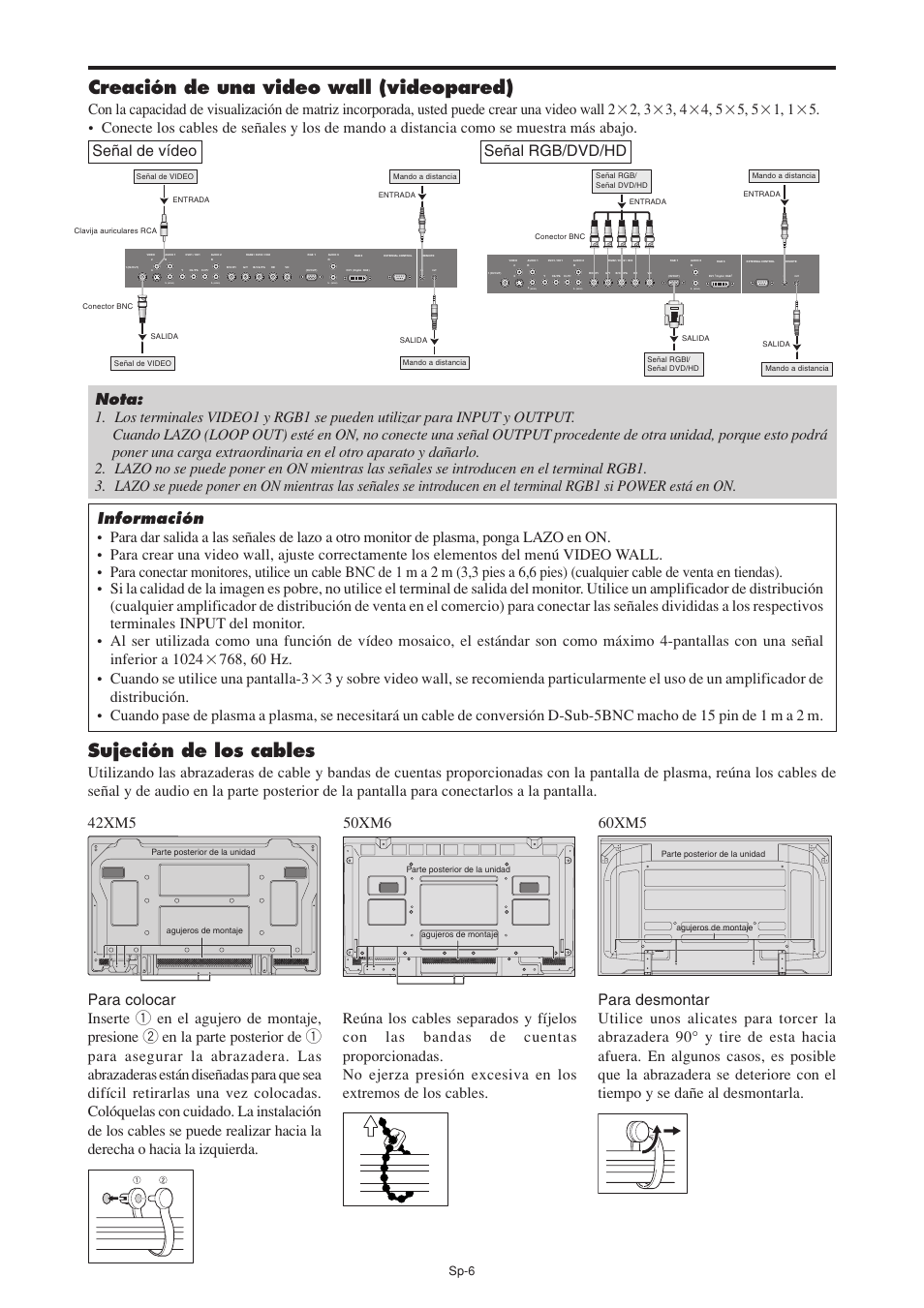 Sujeción de los cables, Creación de una video wall (videopared), Mono) | Sp-6 | NEC PX-60XM5A User Manual | Page 106 / 203