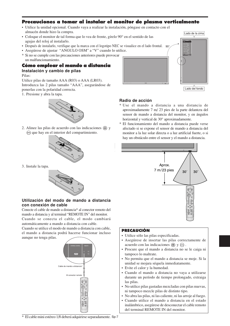 Cómo emplear el mando a distancia, Aprox. 7 m / 23 pies | NEC PX-60XM5A User Manual | Page 107 / 203