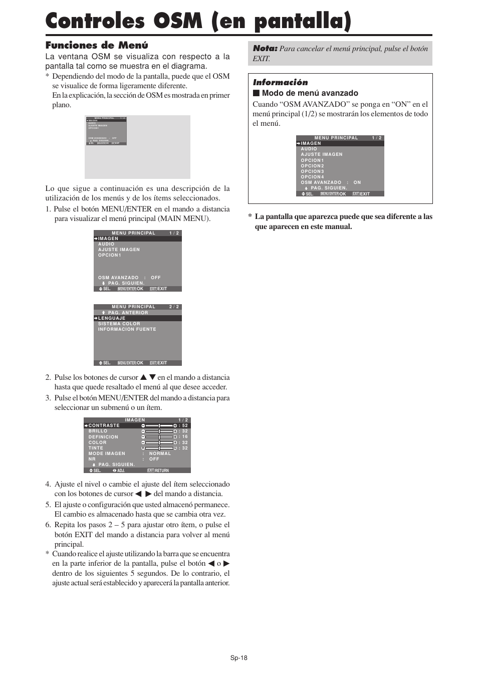 Controles osm (en pantalla), Funciones de menú | NEC PX-60XM5A User Manual | Page 118 / 203