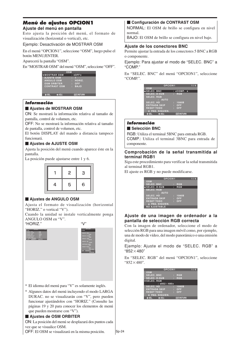 Menú de ajustes opcion1, Sp-24 | NEC PX-60XM5A User Manual | Page 124 / 203