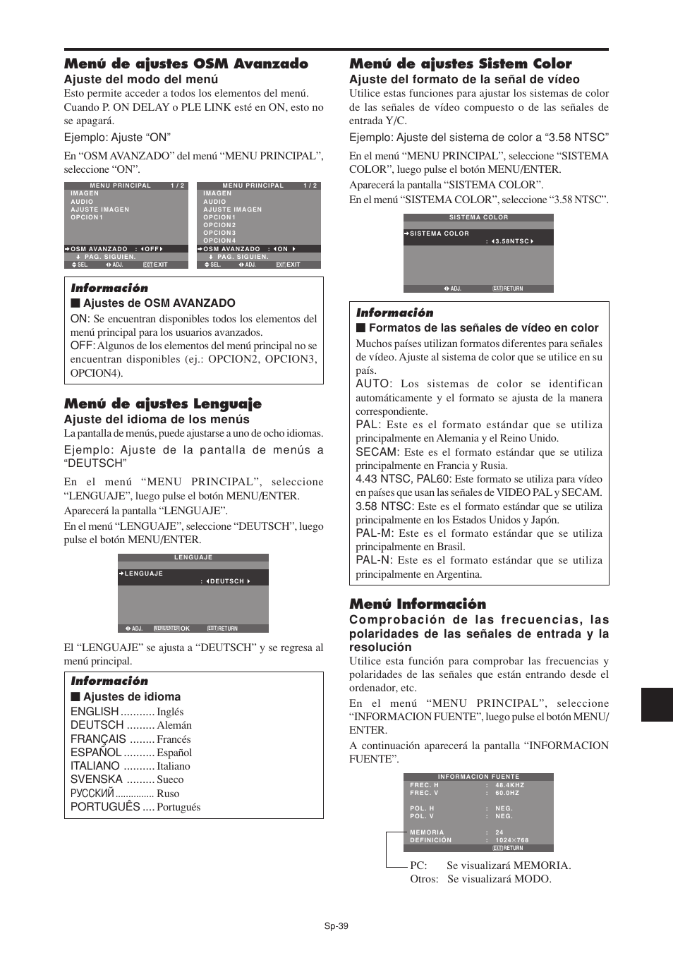 Menú de ajustes sistem color, Menú información, Menú de ajustes osm avanzado | Menú de ajustes lenguaje | NEC PX-60XM5A User Manual | Page 139 / 203