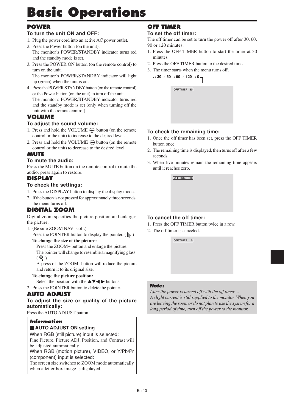 Basic operations, Power, Volume | Mute, Display, Digital zoom, Auto adjust, Off timer | NEC PX-60XM5A User Manual | Page 14 / 203