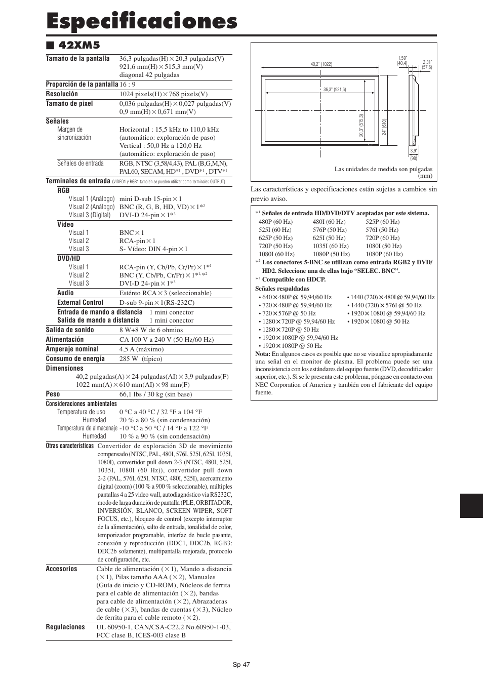 Especificaciones, 42xm5 | NEC PX-60XM5A User Manual | Page 147 / 203