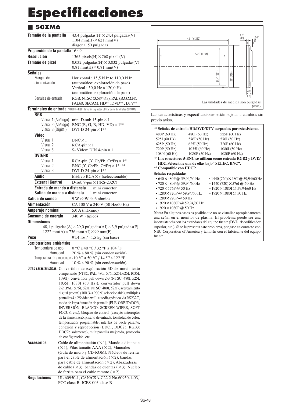 Especificaciones, 50xm6 | NEC PX-60XM5A User Manual | Page 148 / 203