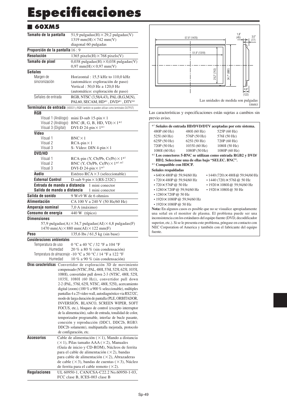 Especificaciones, 60xm5 | NEC PX-60XM5A User Manual | Page 149 / 203