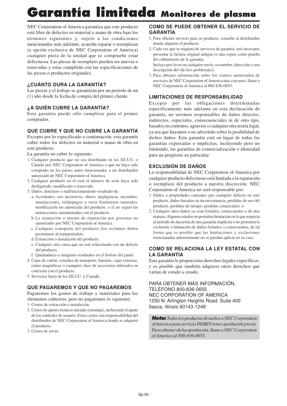 Garantía limitada, Monitores de plasma | NEC PX-60XM5A User Manual | Page 150 / 203